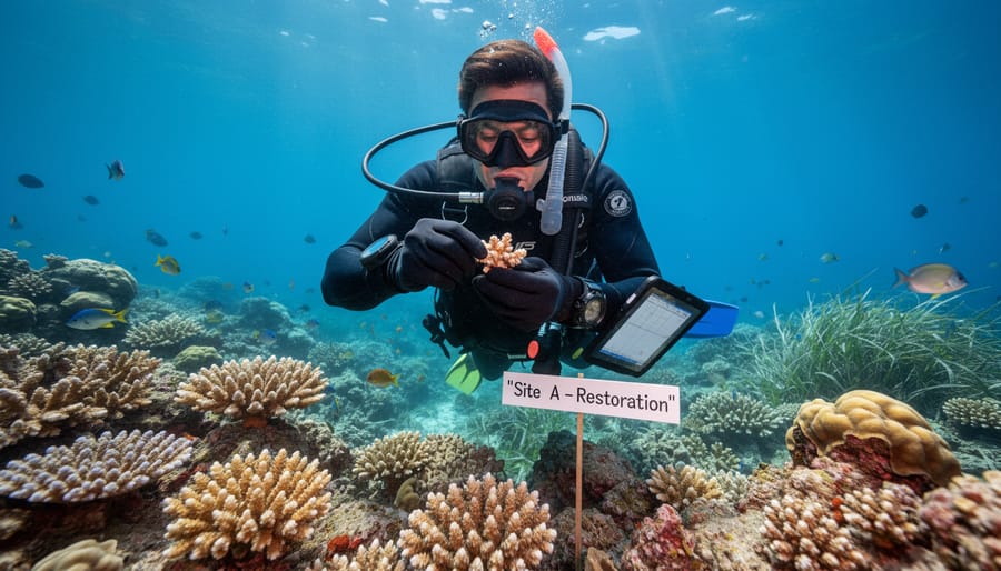 Research diver holding a coral fragment above a sandy seabed with blurred seagrass in the background