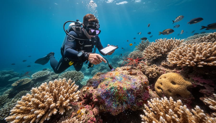 Research diver swimming above a coral reef in clear blue ocean water