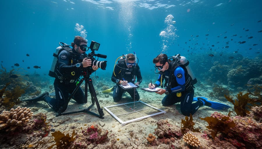 A marine researcher near a rocky seabed conducting habitat observation in clear water.