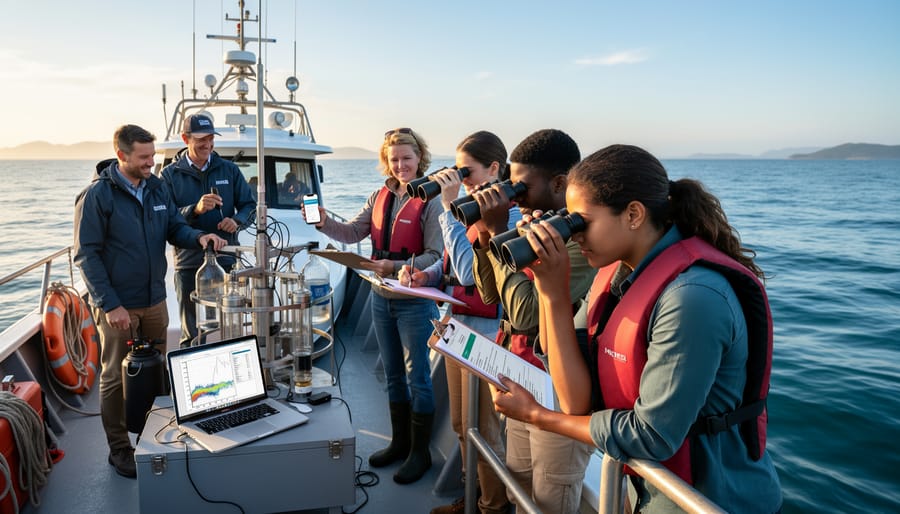 People on a coastal research vessel using binoculars and cameras while observing the ocean