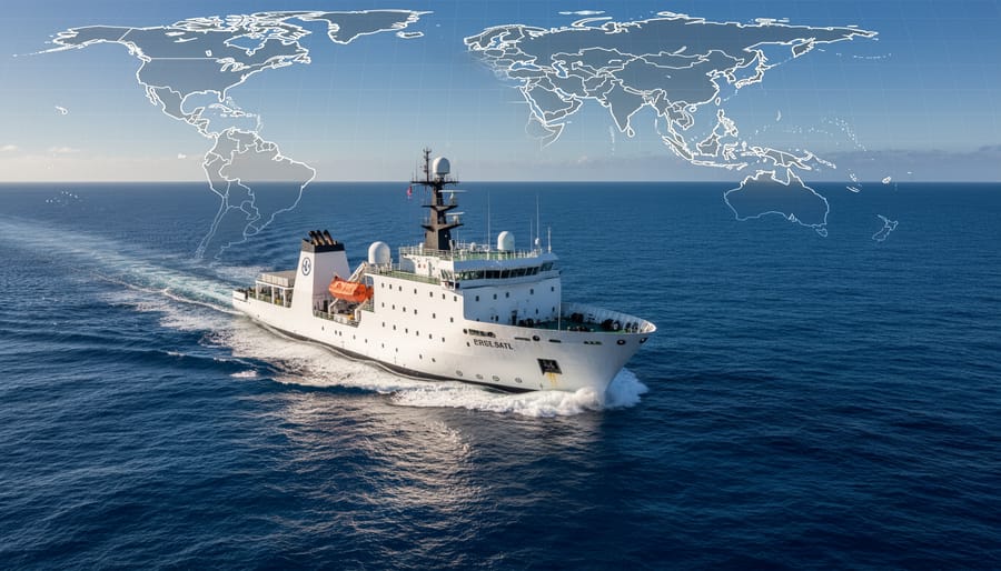 Research vessel heading into the horizon across open ocean under golden hour light