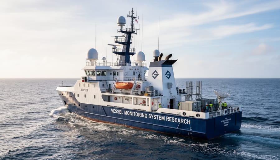 Research vessel at sea with visible satellite communications antenna equipment against an overcast sky