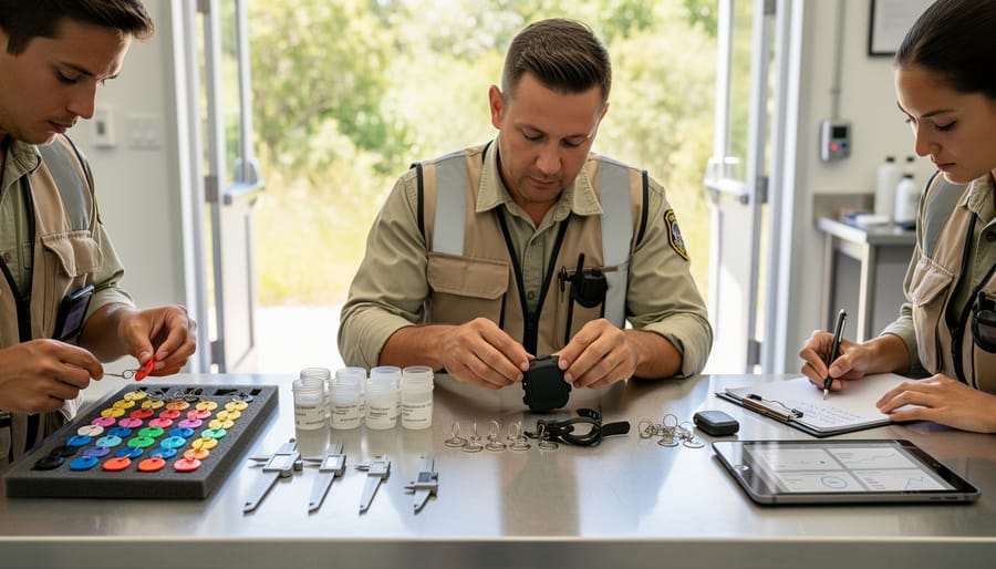 A marine researcher prepares a tracking tag while standing near the waterline beside a small boat.
