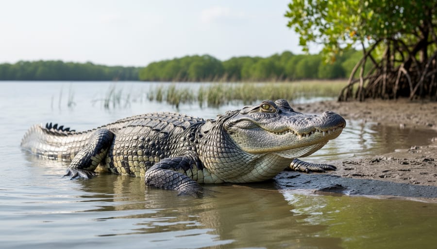 Saltwater crocodile standing at the edge of shallow brackish water near mangroves