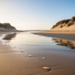 Low-angle view of wet sand blending into sandy dunes on a natural shoreline at golden hour, with calm ocean in the distance.