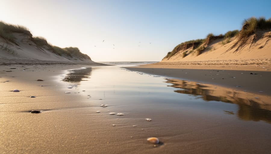 Low-angle view of wet sand blending into sandy dunes on a natural shoreline at golden hour, with calm ocean in the distance.