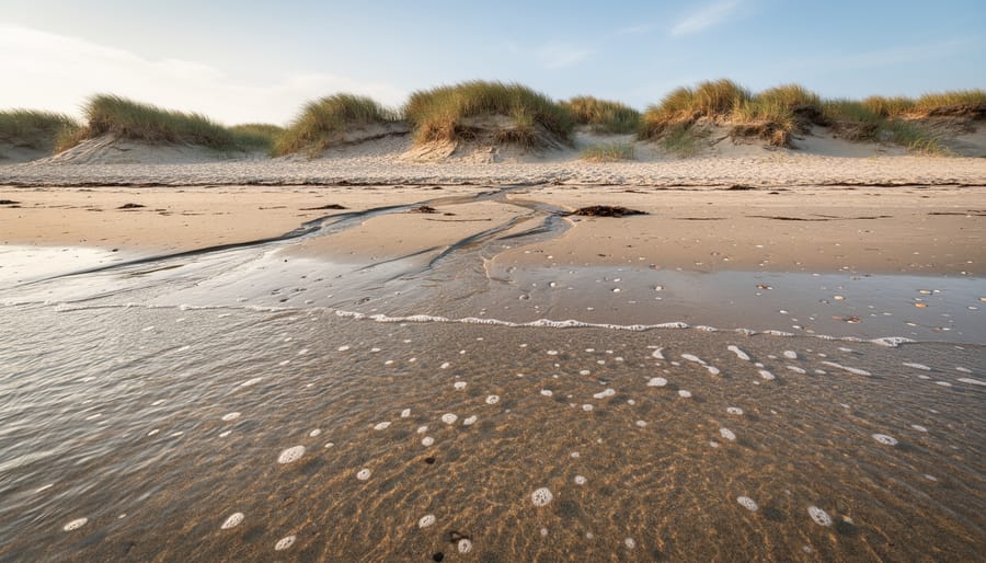Wet sand in the swash zone transitioning into wind-shaped dunes with sparse dune plants in the background