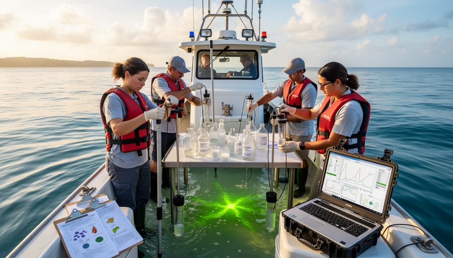 Scientist holding a clear water sampler bottle on a boat deck over the ocean