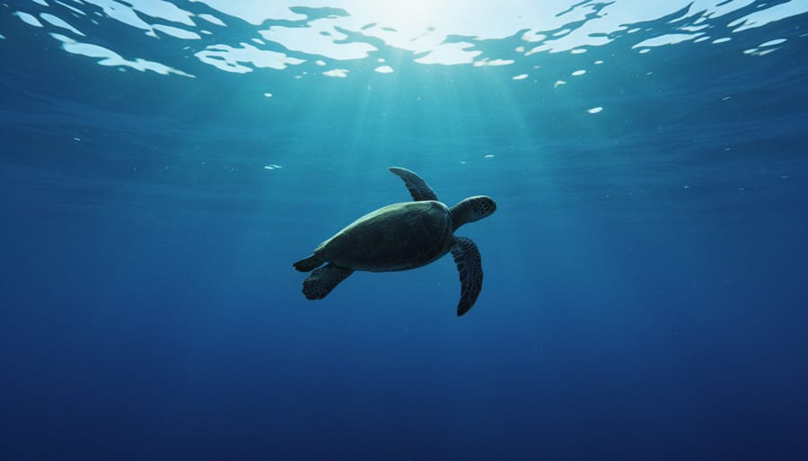 Sea turtle silhouette swimming through a deep gradient of blue ocean layers from surface light to darker depths