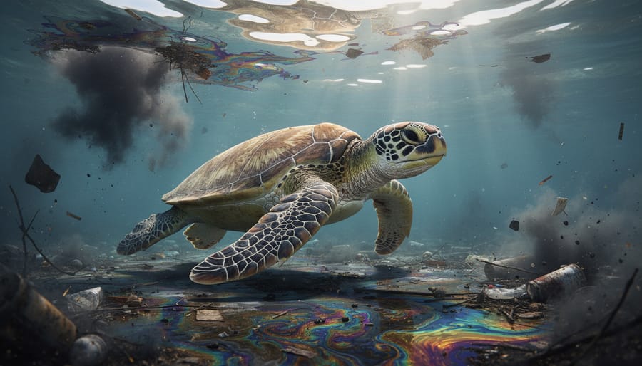 Sea turtle near the ocean surface with visible floating plastic and an oil-like sheen on the water