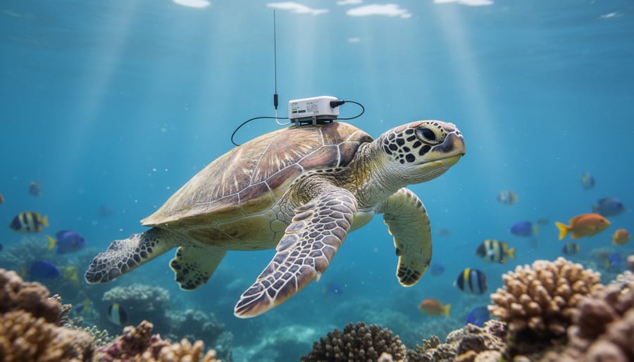 Sea turtle swimming in clear coastal water with subtle tracking tag attachment