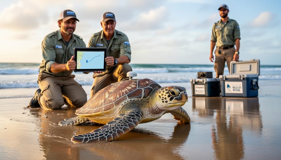 A sea turtle is released from a research boat into clear ocean water while divers watch nearby.