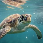 A sea turtle swimming underwater with soft light filtering through the surface and small drifting debris in the water, suggesting marine pollution affecting behavior.