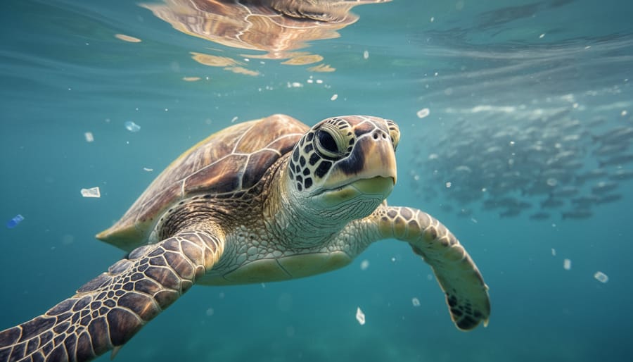 A sea turtle swimming underwater with soft light filtering through the surface and small drifting debris in the water, suggesting marine pollution affecting behavior.