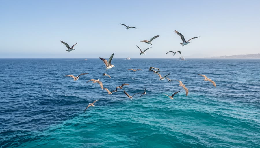 A seabird perched near a boat mast with a flock flying over the ocean at dusk.