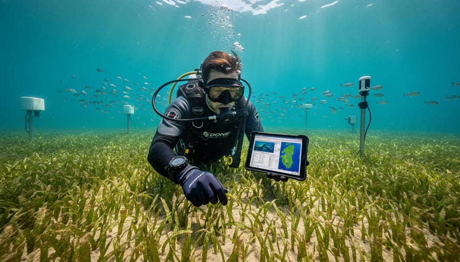 A diver inspecting healthy seagrass in a clear coastal shallows.