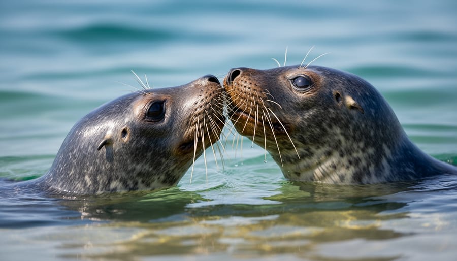 Two harbor seals making close tactile contact near the waterline with whiskers in focus