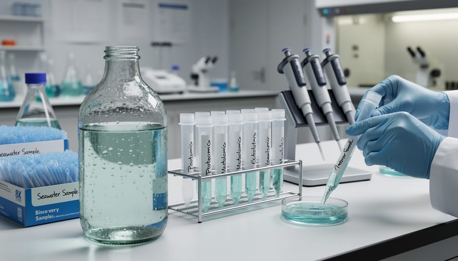 Glass vials of seawater samples and laboratory tubes on a clean bench in a marine science lab