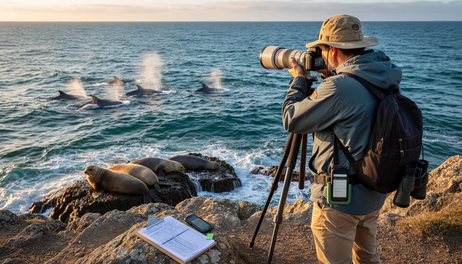A person holding a smartphone on a rocky shoreline while dolphins swim offshore in the distance
