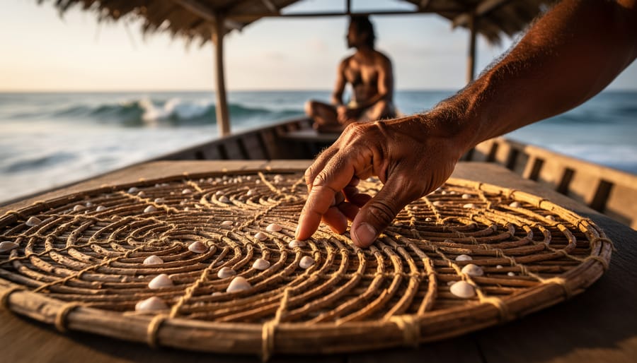 Hands tracing a traditional wooden stick chart while seated aboard near the ocean.