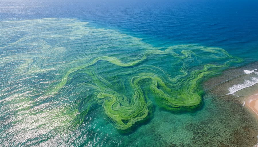 Sunlit phytoplankton bloom visible as swirling color in clear blue ocean water