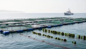 Floating aquaculture fish cages and nearby seaweed or mussel culture in calm ocean water under soft daylight, with a distant research vessel and hazy coastline.