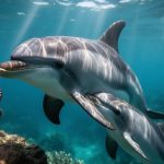 Underwater photo of a spinner dolphin brushing its calf with a pectoral fin near a coral reef, showing tactile communication in marine mammals.