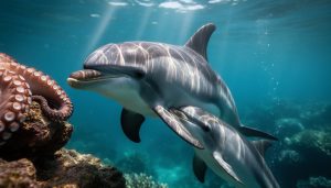 Underwater photo of a spinner dolphin brushing its calf with a pectoral fin near a coral reef, showing tactile communication in marine mammals.