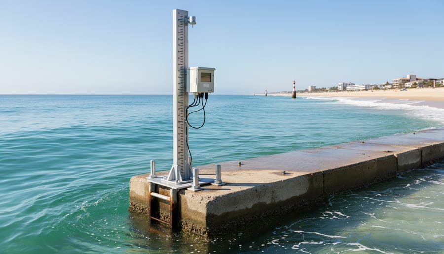 Close view of a tide gauge sensor on a harbor pier