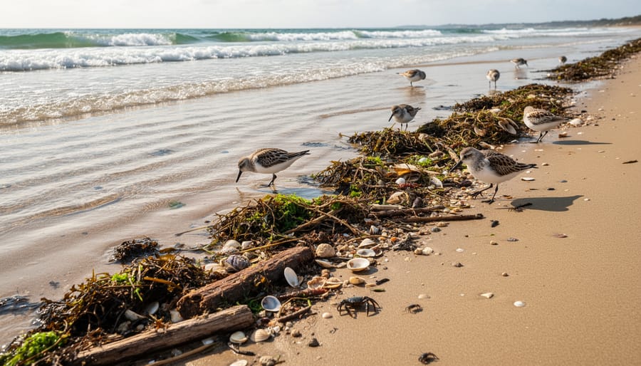 Close view of wet sand and a tide pool near the wrack line with ocean waves in the distance