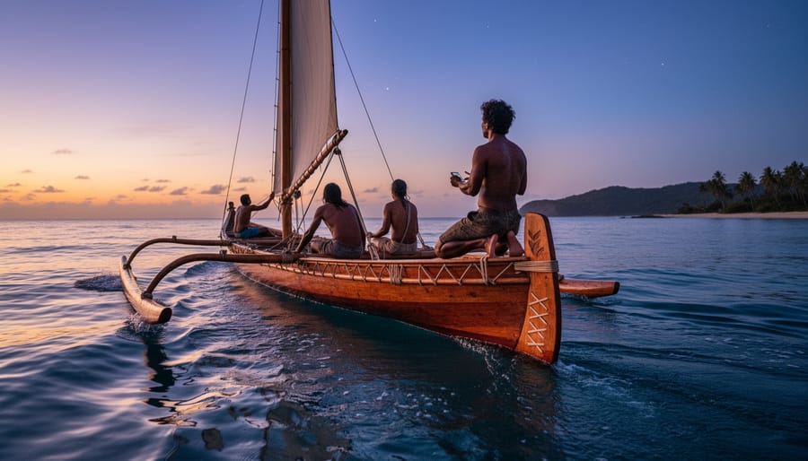 A traditional wooden double-hulled voyaging canoe at dusk with crew observing the horizon and ocean swell.
