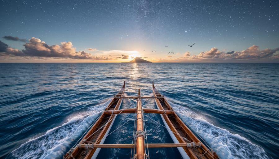 Traditional Polynesian double-hulled canoe sailing on open water at dawn beneath a twilight sky with visible stars and seabirds in flight.