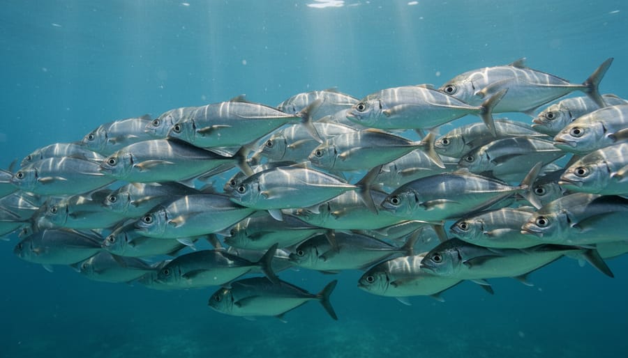 School of fish swimming underwater with visible water movement around their bodies