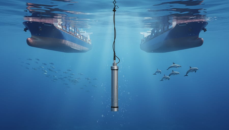 An underwater acoustic monitoring device (hydrophone) floating in the sea above a blurred horizon.