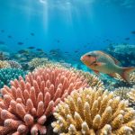 Colorful reef fish swimming over living coral in a clear underwater coral reef ecosystem.