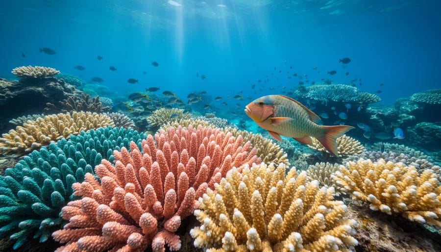 Colorful reef fish swimming over living coral in a clear underwater coral reef ecosystem.