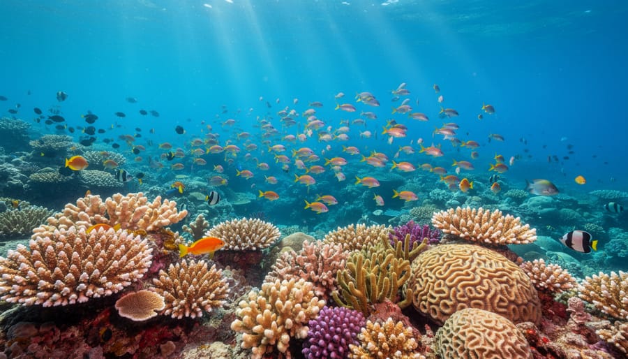 Diverse reef fish swimming over vibrant living coral in clear blue ocean water