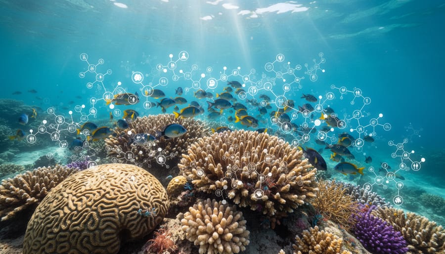 Diverse coral reef ecosystem with vibrant underwater textures and marine life in clear blue water