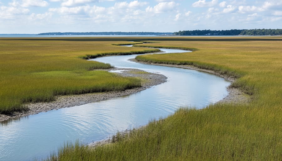 Wide environmental view of Virginia salt marsh grass and winding tidal channels at low tide.