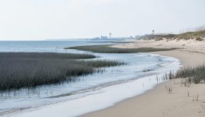 Virginia coastal marsh and dunes with seawater lapping at wet sand under an overcast sky, suggesting coastal inundation risk.