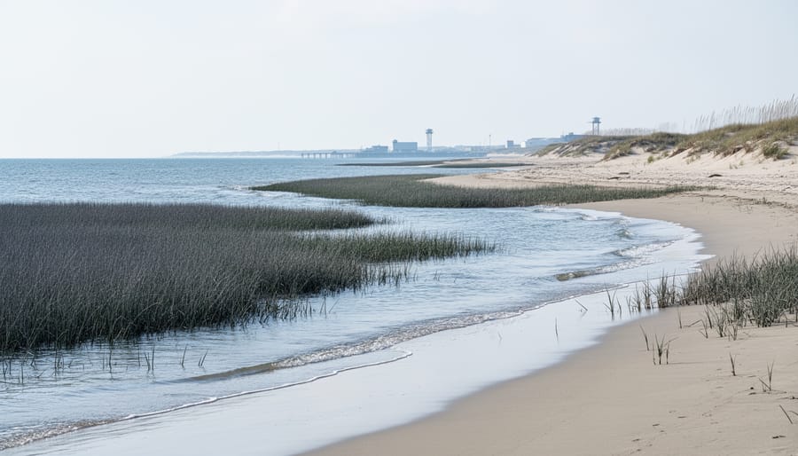 Virginia coastal marsh and dunes with seawater lapping at wet sand under an overcast sky, suggesting coastal inundation risk.