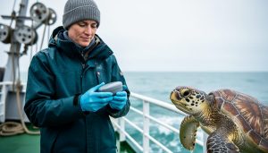 A marine biologist holding a satellite animal tag next to a sea turtle on a research vessel deck with the ocean horizon in the background.