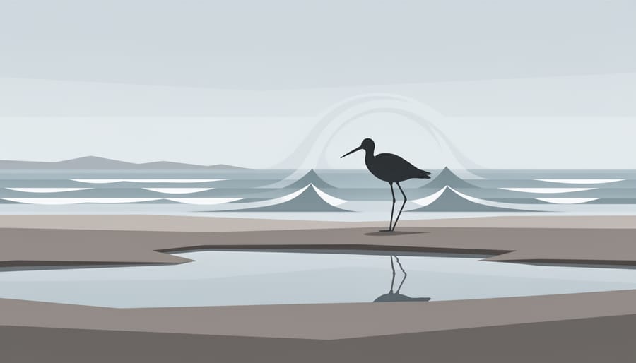 Wading bird standing on exposed mudflat near the waterline under an overcast sky.