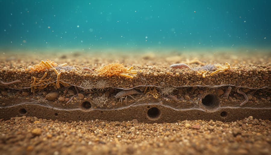 Macro view of wet marine sediment with organic particles and small debris